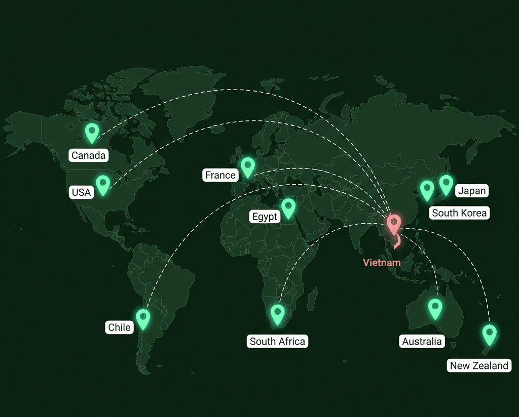 Tony Fruit global sourcing network — importing premium fruits from USA, Chile, France, South Africa, Egypt, Japan, South Korea, Taiwan, Australia, and New Zealand to Vietnam